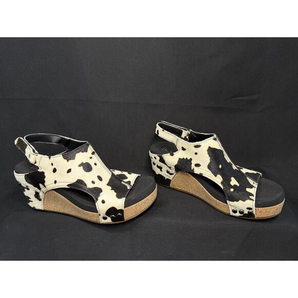 Boutique by Corkys Pasture Shoes Womens Size 7 Cow Print Wedge Sandals Platform - Picture 1 of 7